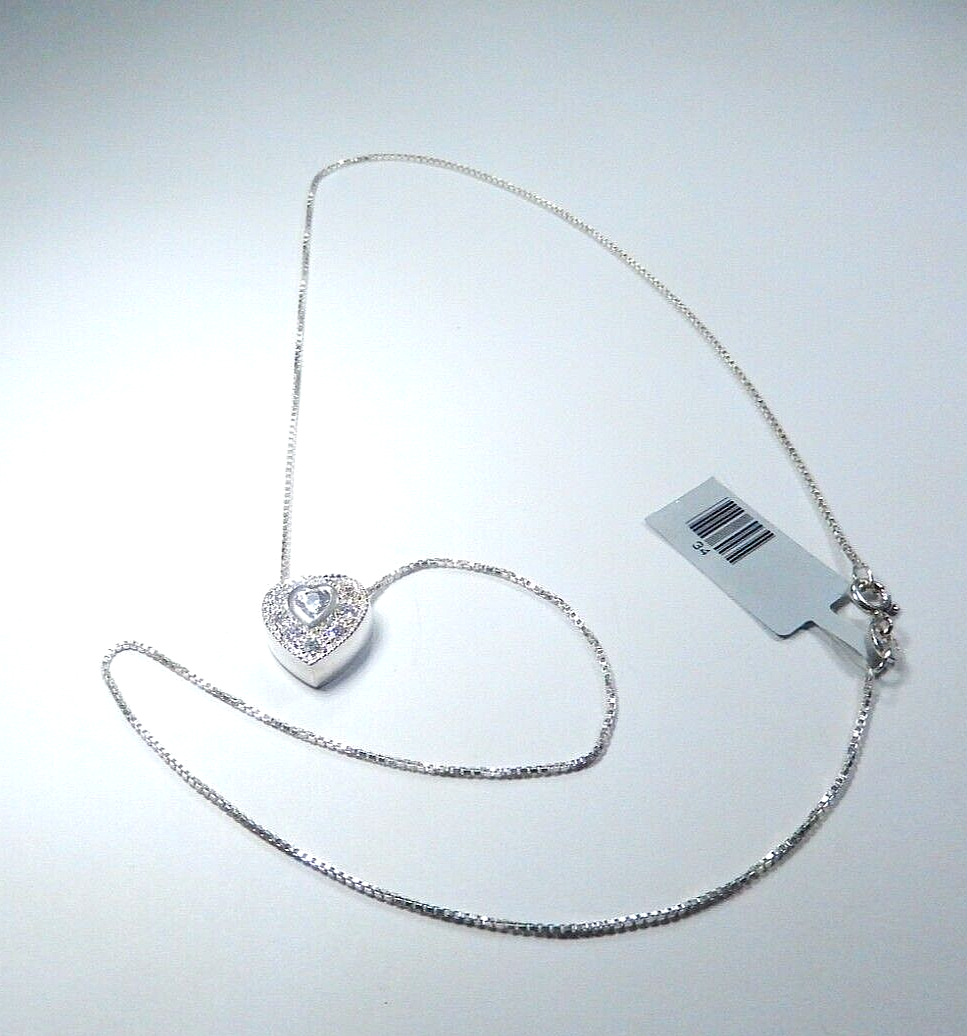 VINTAGE - Sterling Silver Clear CZ Heart Charm / Pendant w/18" Sterling Chain