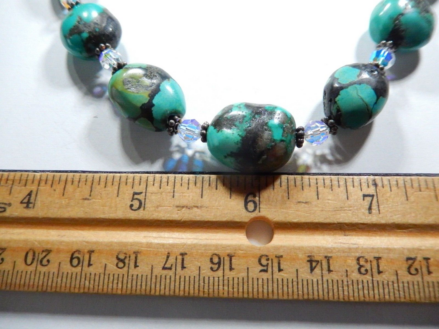 Natural Turquoise Beads With Crystal Beads Handmade Necklace 17"