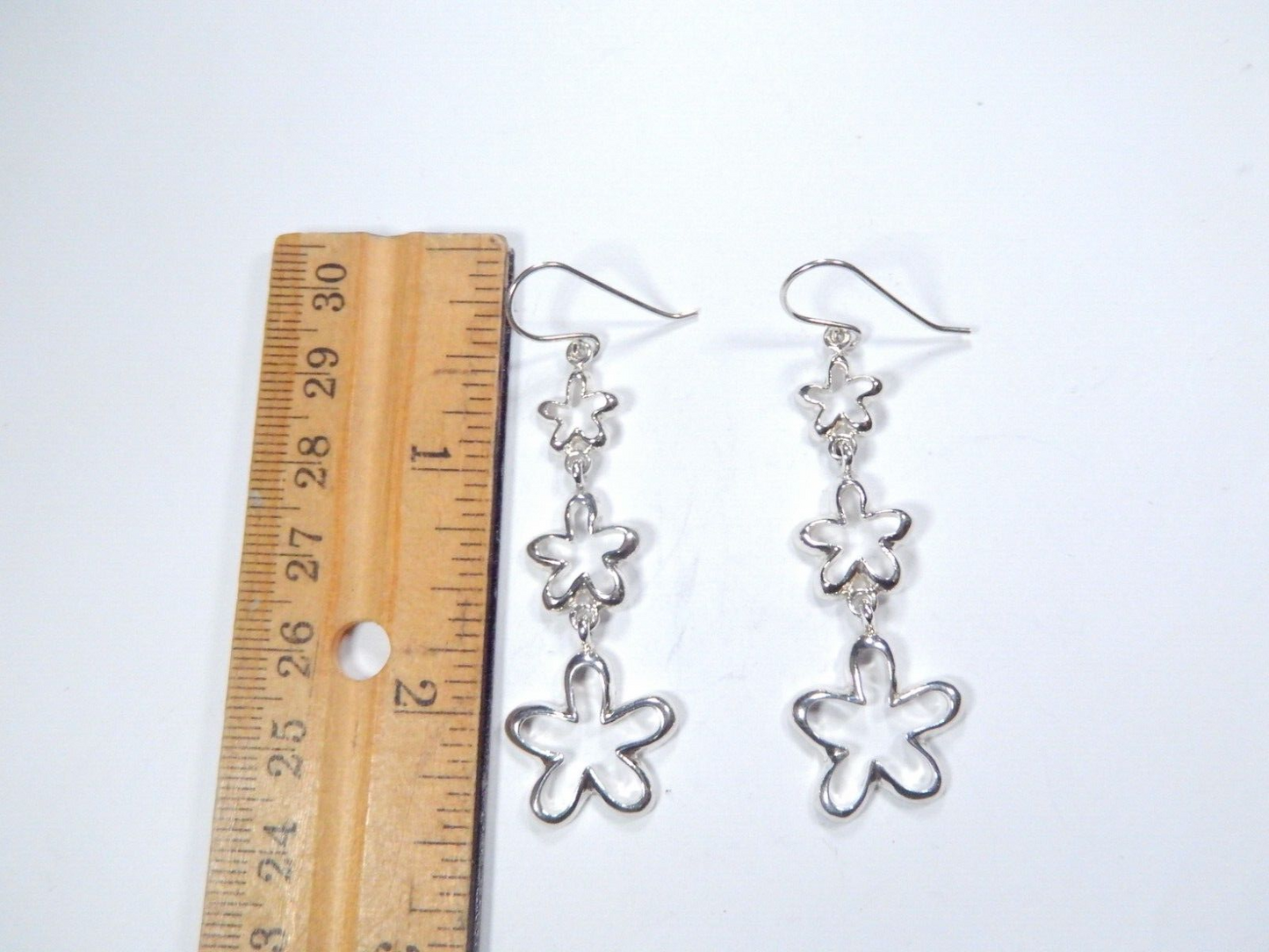 Nice Thick Sterling Silver 925  Three Star Dangle Earrings - 2-1/2" Long