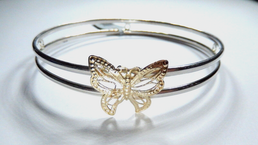 *VINTAGE*DESIGNER 10K Yellow Gold and STERLING SILVER BUTTERFLY BANGLE BRACELET
