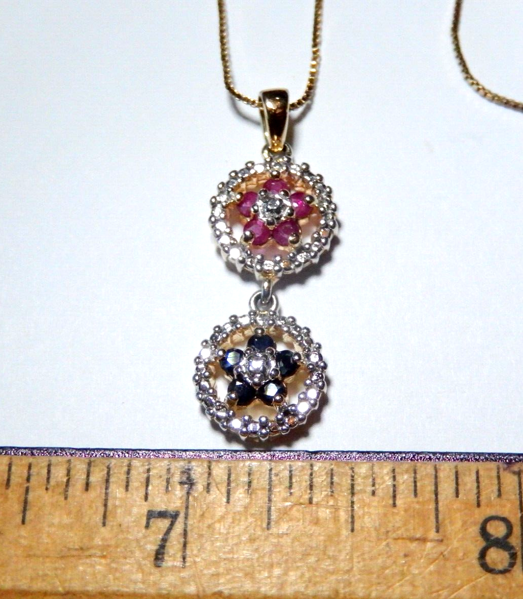 VINTAGE Gold Vermeil Ruby  Sapphire  Diamond Halo Pendant w18 chain