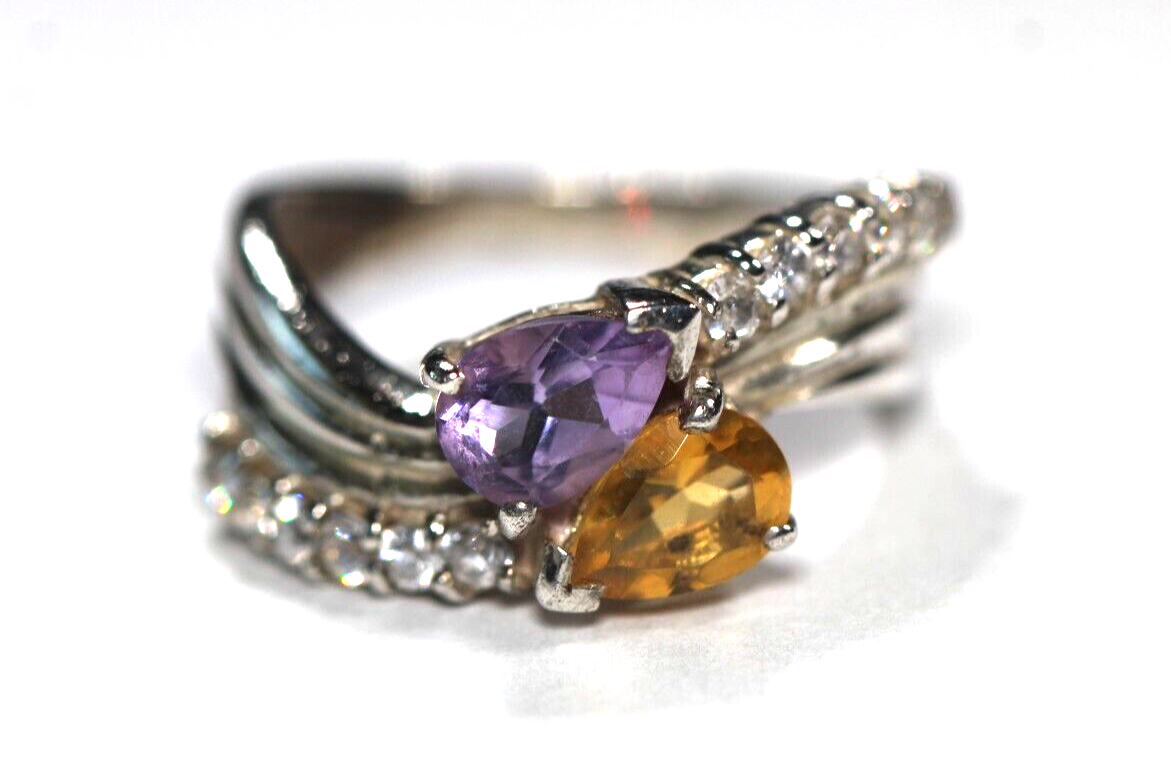 *VINTAGE* Sterling Silver Citrine and Amethyst Bypass Ring 925 Size 6.5