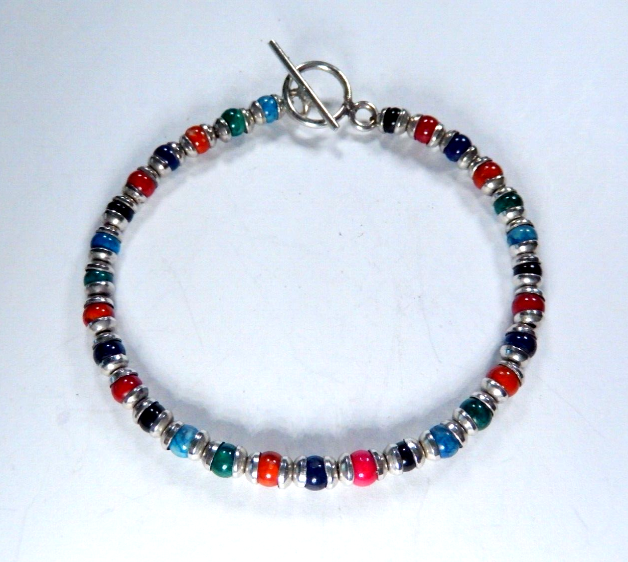 *VINTAGE* Multi Gemstone Beads w/ Sterling Bead Caps &Toggle Clasp Bracelet 7.5"