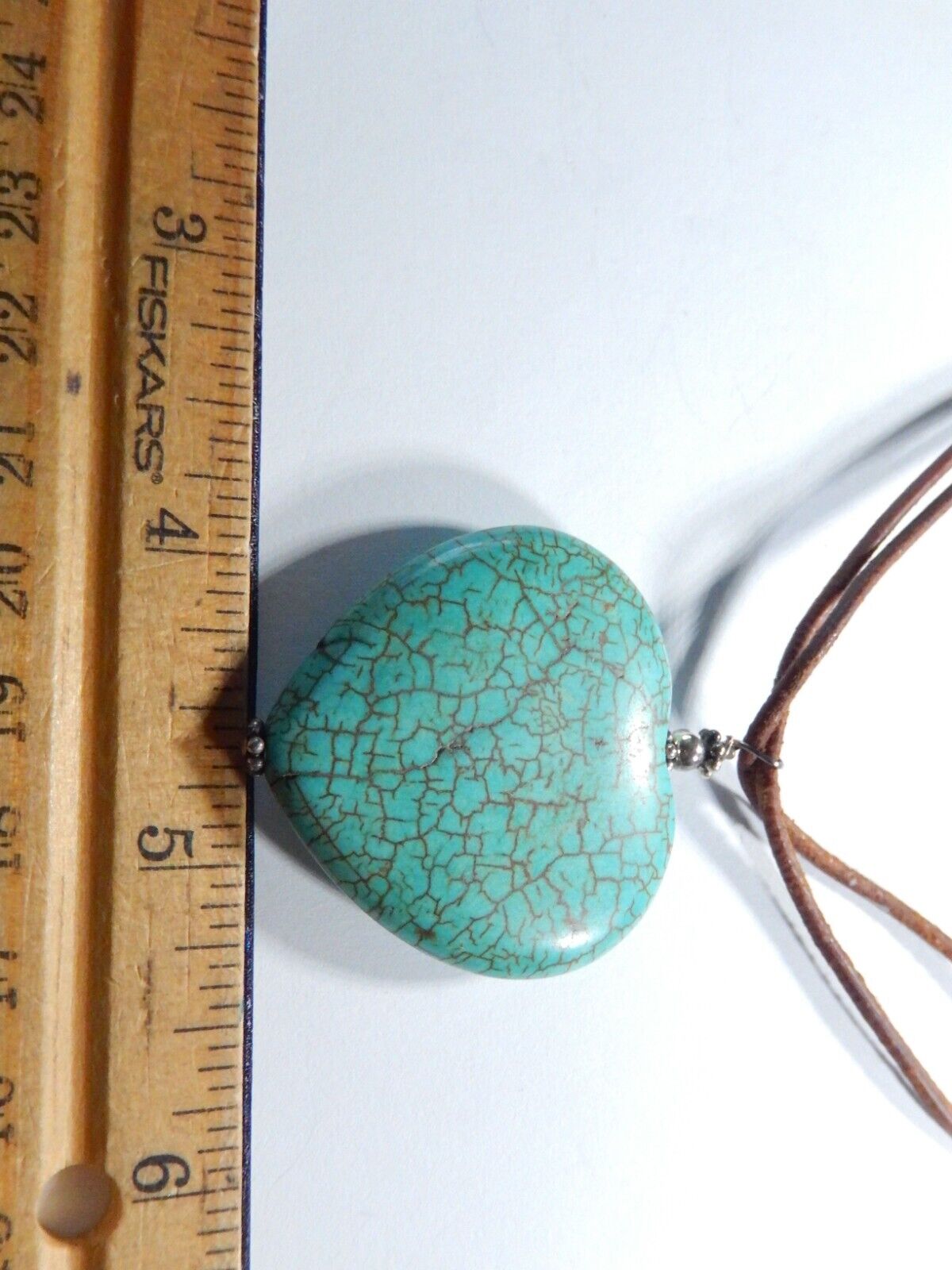*VINTAGE*  Sterling Silver & LG Turquoise Heart Pendant On Leather Cord Necklace