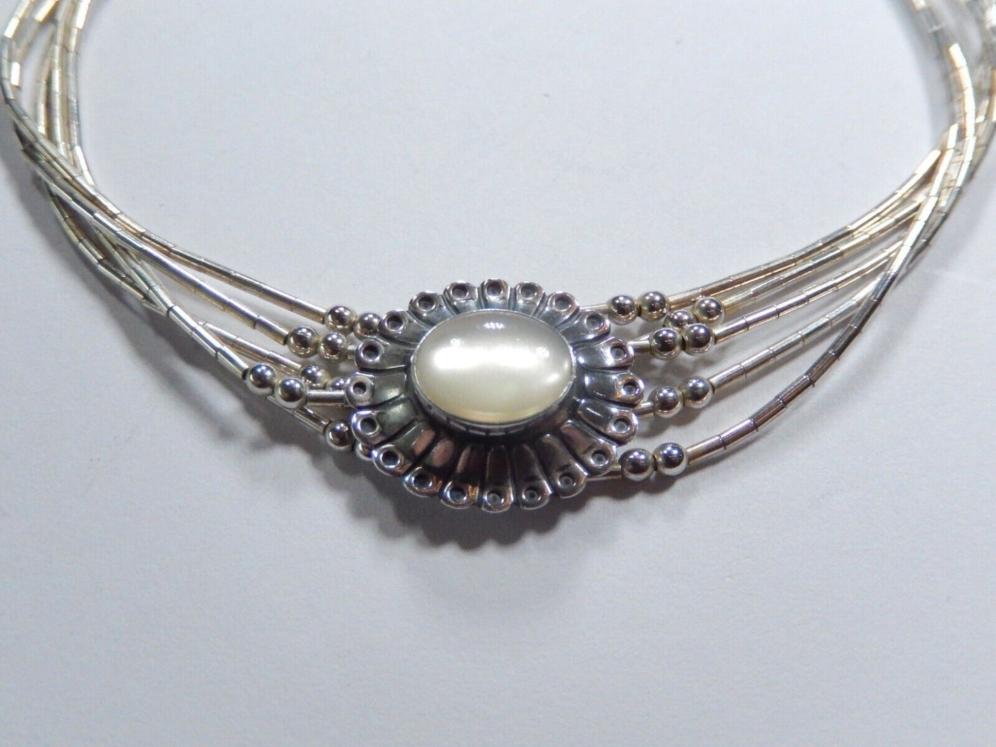 VTG Native American Liquid Sterling Silver Moonstone Bead 65Strand Bracelet 7-8"