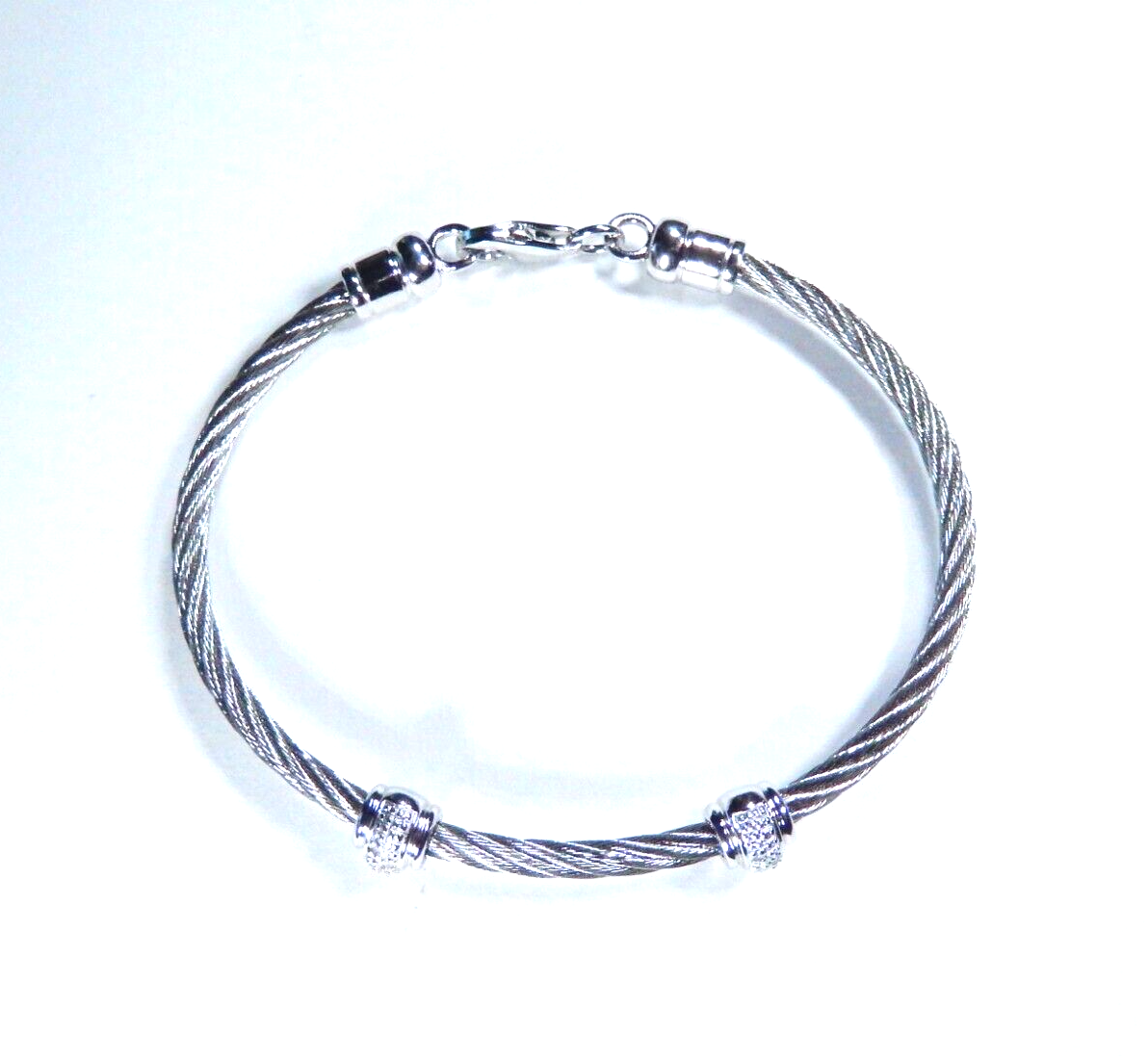 Women's Sterling Silver & Stainless Steel Diamond Twist Bead Bracelet Size - 7"