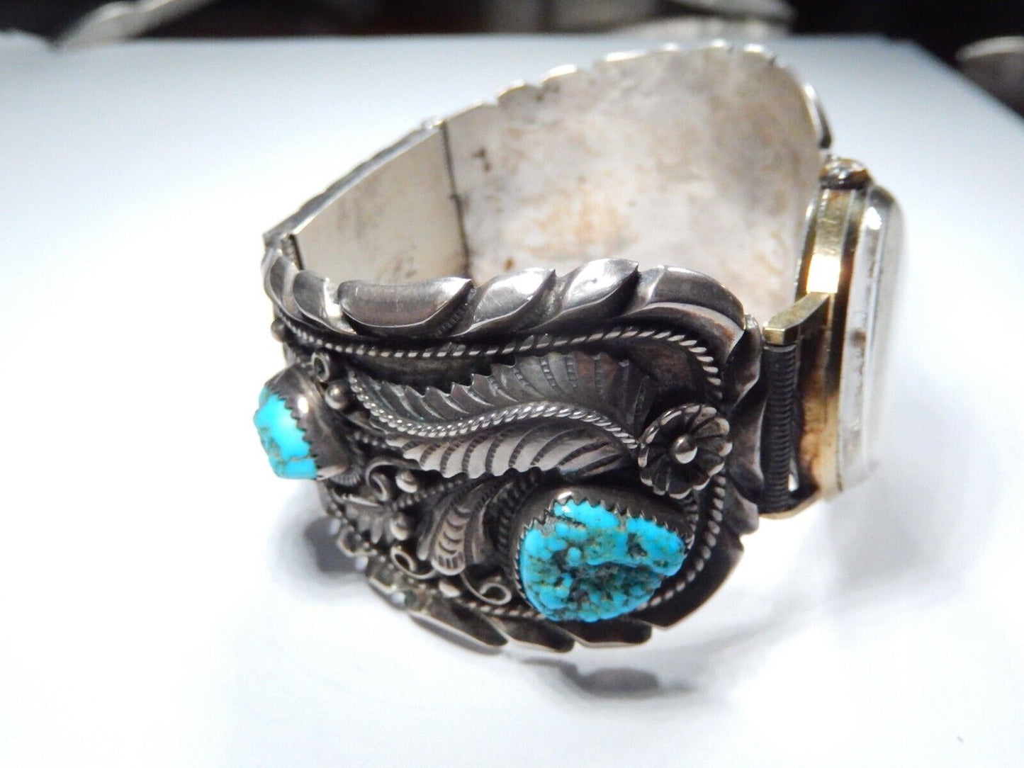 *VINTAGE* Navajo B. Nez Sterling Silver Turquoise Watch Bracelet  116.4 grams
