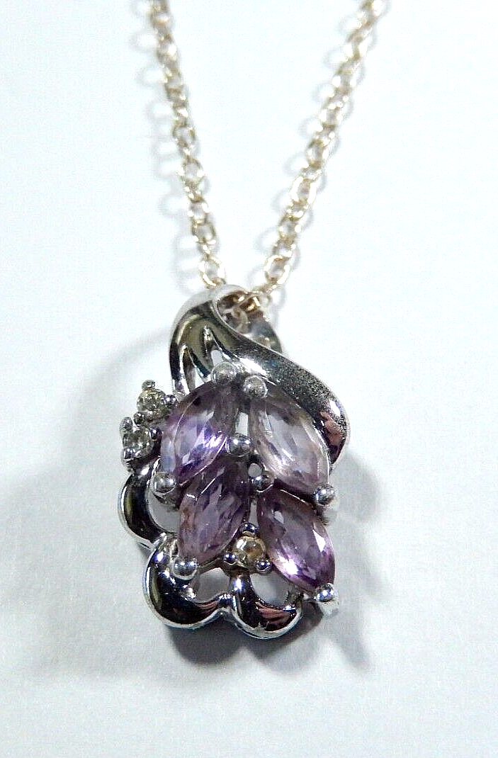 STERLING SILVER  AMETHYST  DIAMOND ACCENT PENDANT w18 925  CHAIN NECKLACE