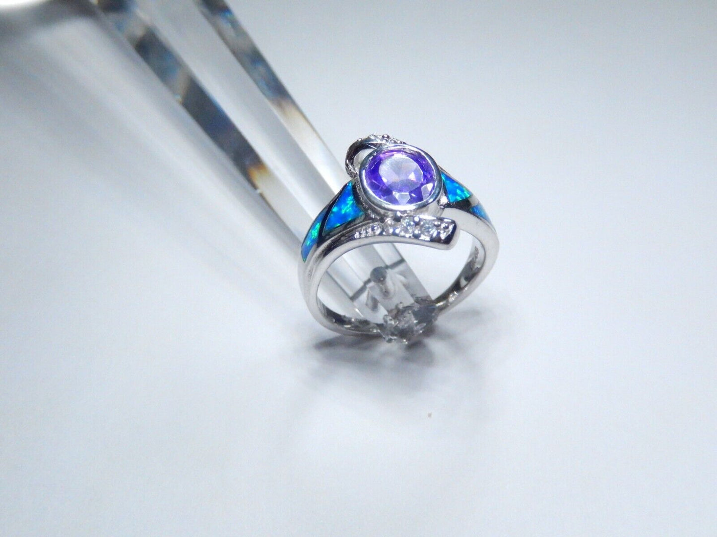 Amethyst & Blue Fire Opal Inlay with CZ Accents 925 Sterling Silver Ring sz 7
