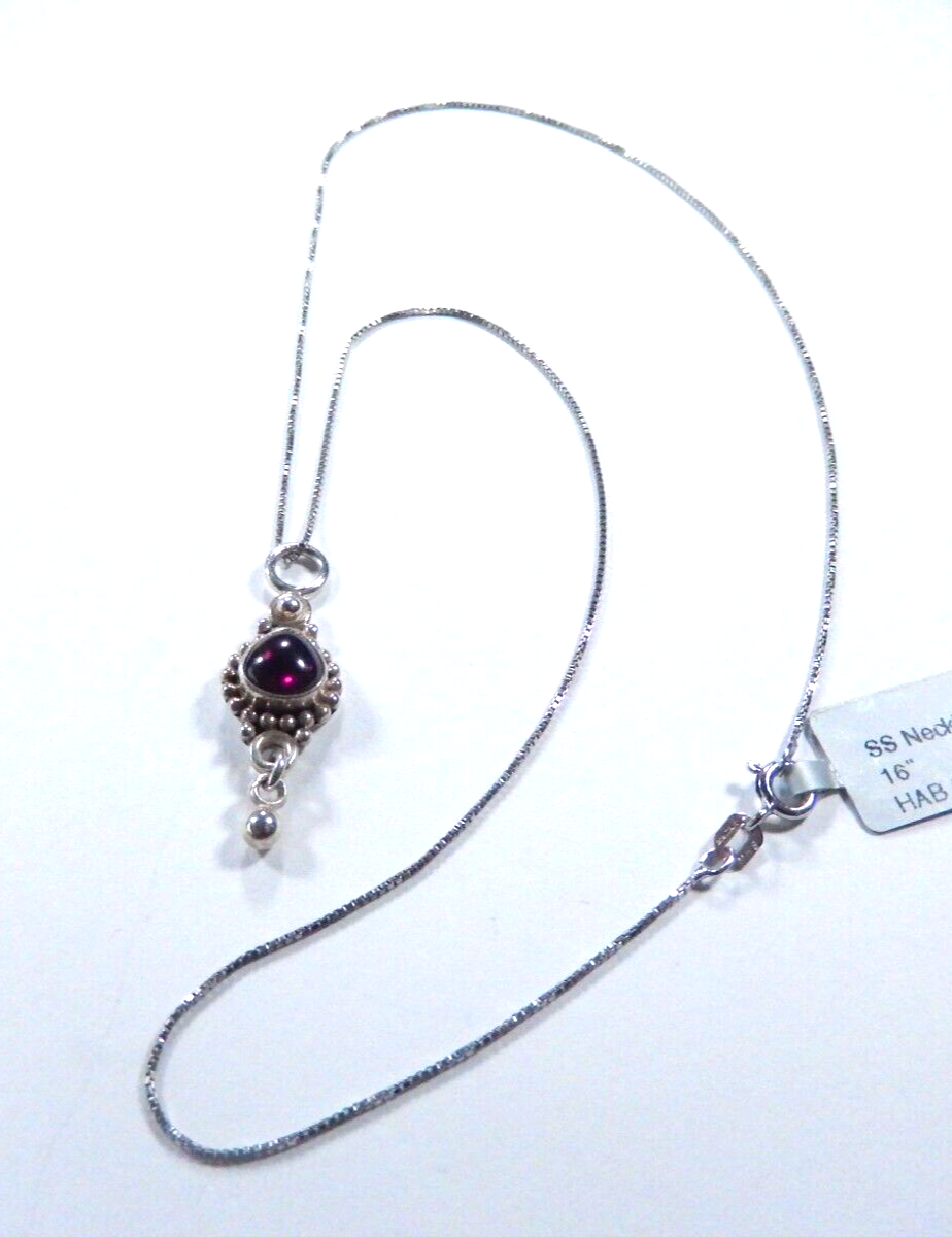 BOHO Solid 925 Sterling Silver Beaded Red Garnet Teardrop Pendant w/16" Chain