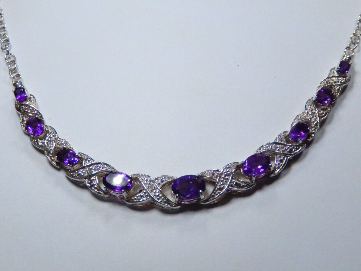 VINTAGE - Sterling Silver Amethyst and Diamond Statement Necklace 15" - 18"