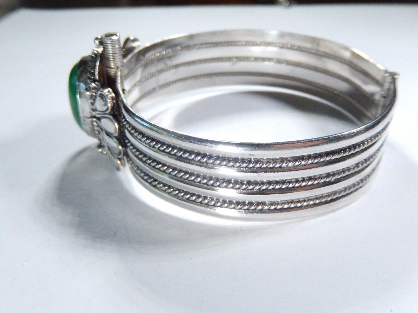 *VINTAGE*  900 SILVER - Green Aventurine Turkoman Boho Hinged Cuff Bracelet 37gm