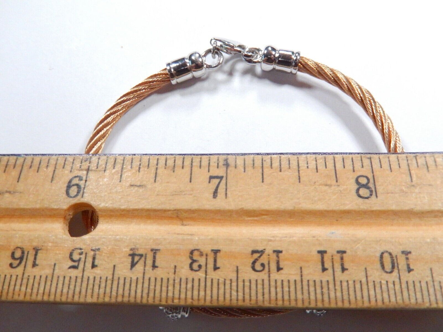 Sterling Silver Rose Gold Tone Stainless Steel Diamond Twist Bead Bracelet  - 7"