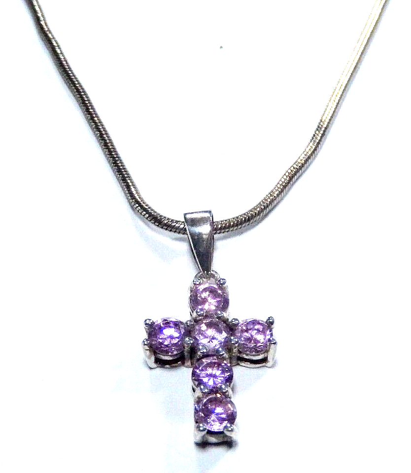 *VINTAGE* Sterling Silver Lab-Created Pink Sapphire Cross Pendant w/16" CHain
