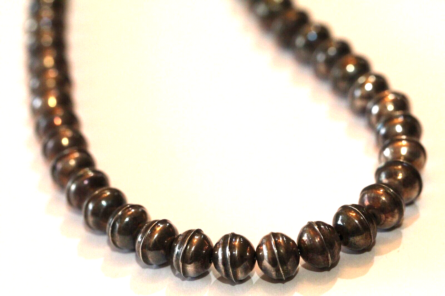 22"- 11mm NAVAJO Pearl BENCH BEAD NECKLACE Darker Vintage Old Oxidized STERLING