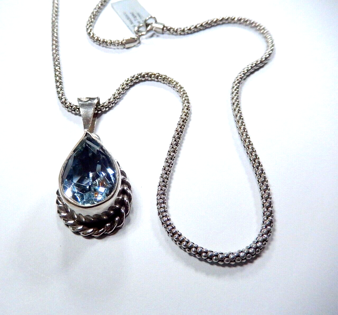 *VINTAGE* Mexico Large Sterling Silver 12.0 CT Blue Topaz Pendant w/20" Lg Chain