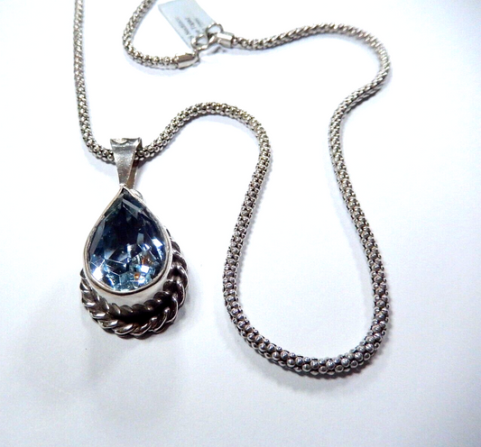 *VINTAGE* Mexico Large Sterling Silver 12.0 CT Blue Topaz Pendant w/20" Lg Chain