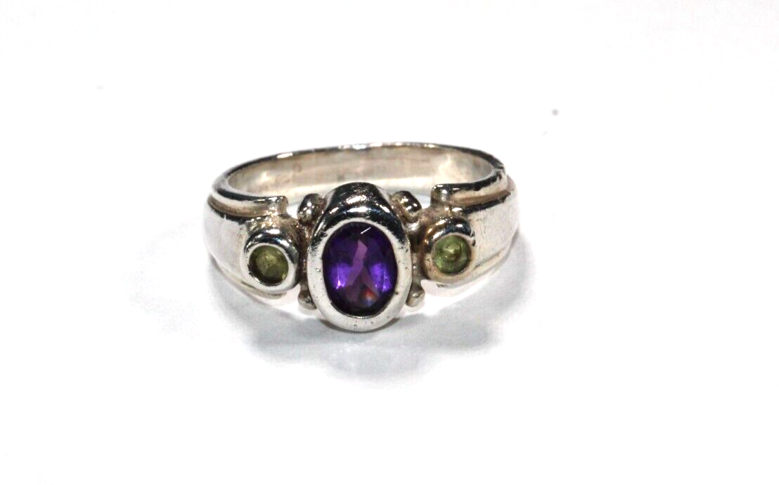 *VINTAGE*  Sterling Silver 925 Purple Amethyst & Peridot RING Size 5.25
