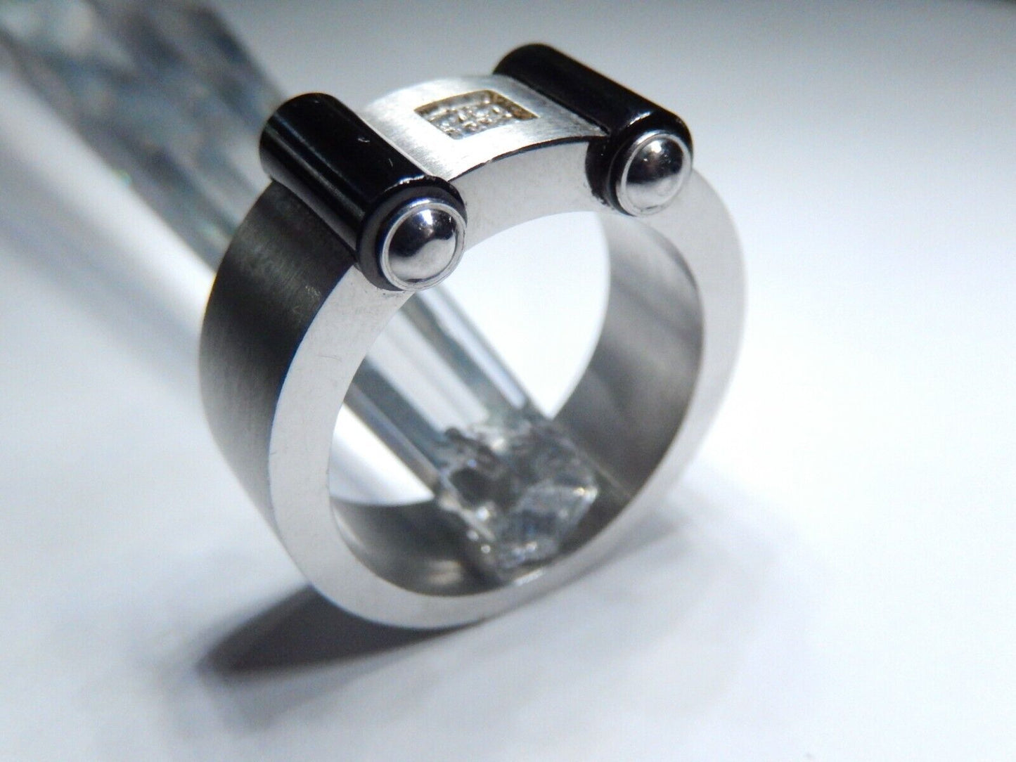 NICE THICK Brushed Stainless Steel 9mm Black IP Plated CZ Band Size 9.75
