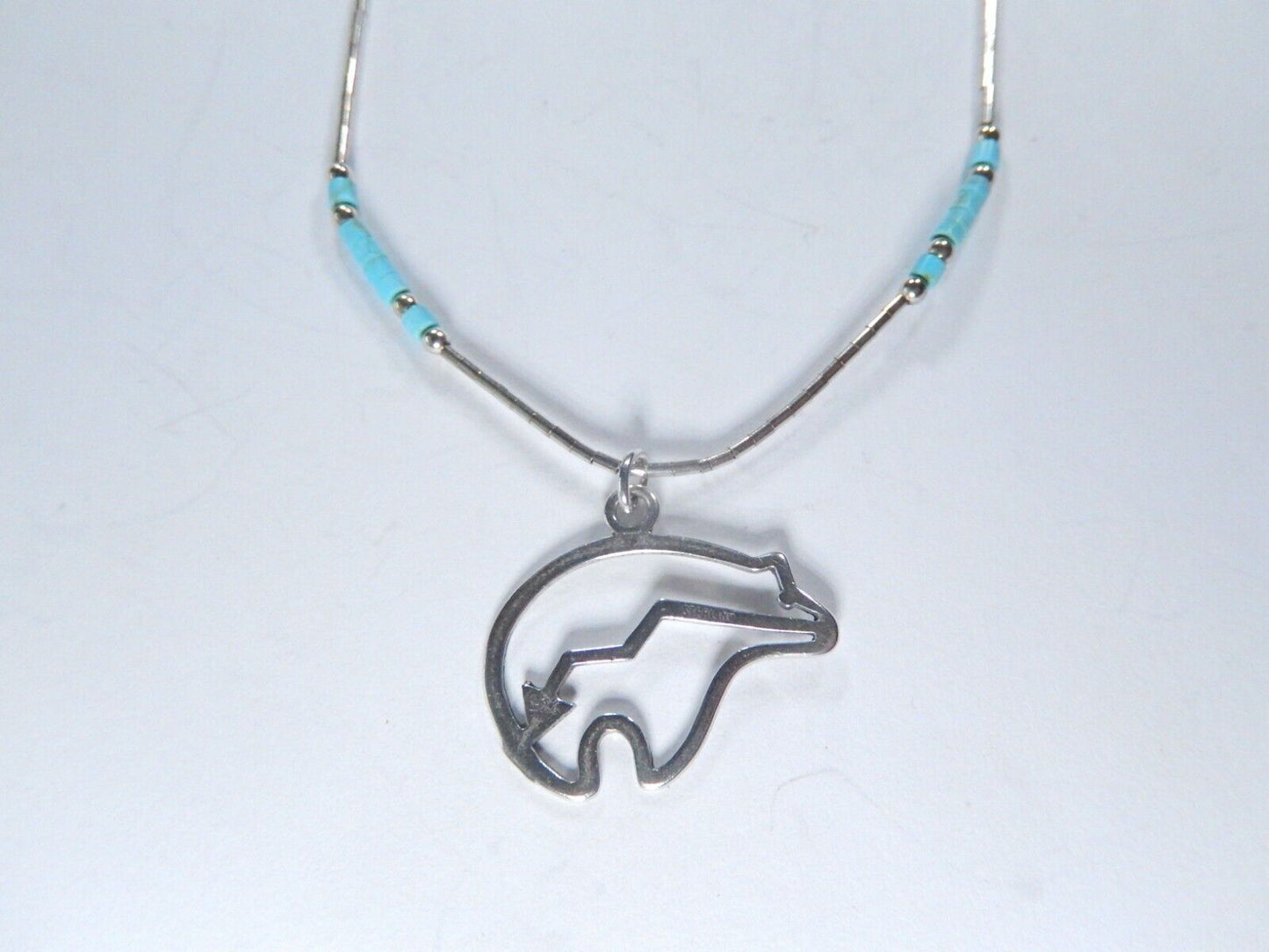 *VINTAGE* Sterling Liquid Silver Turquoise Bead & .925 Bear Pendant Necklace 16"