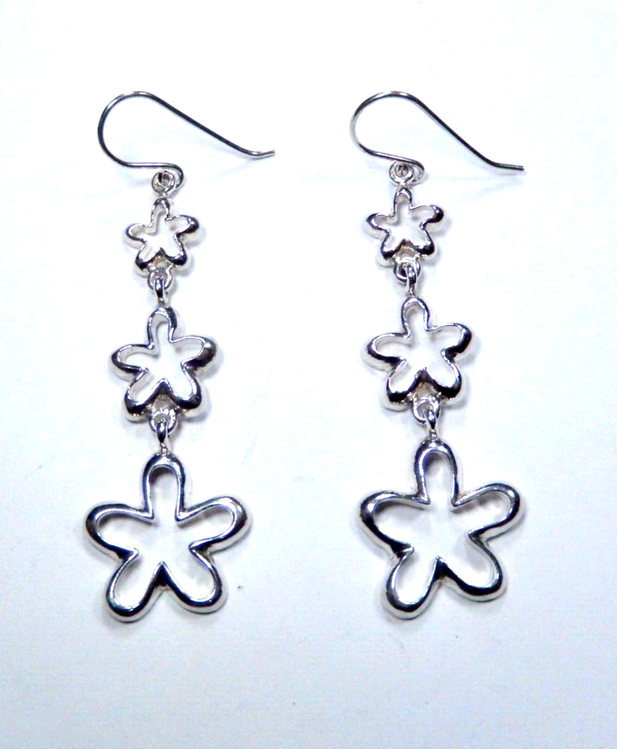 Nice Thick Sterling Silver 925  Three Star Dangle Earrings - 2-1/2" Long
