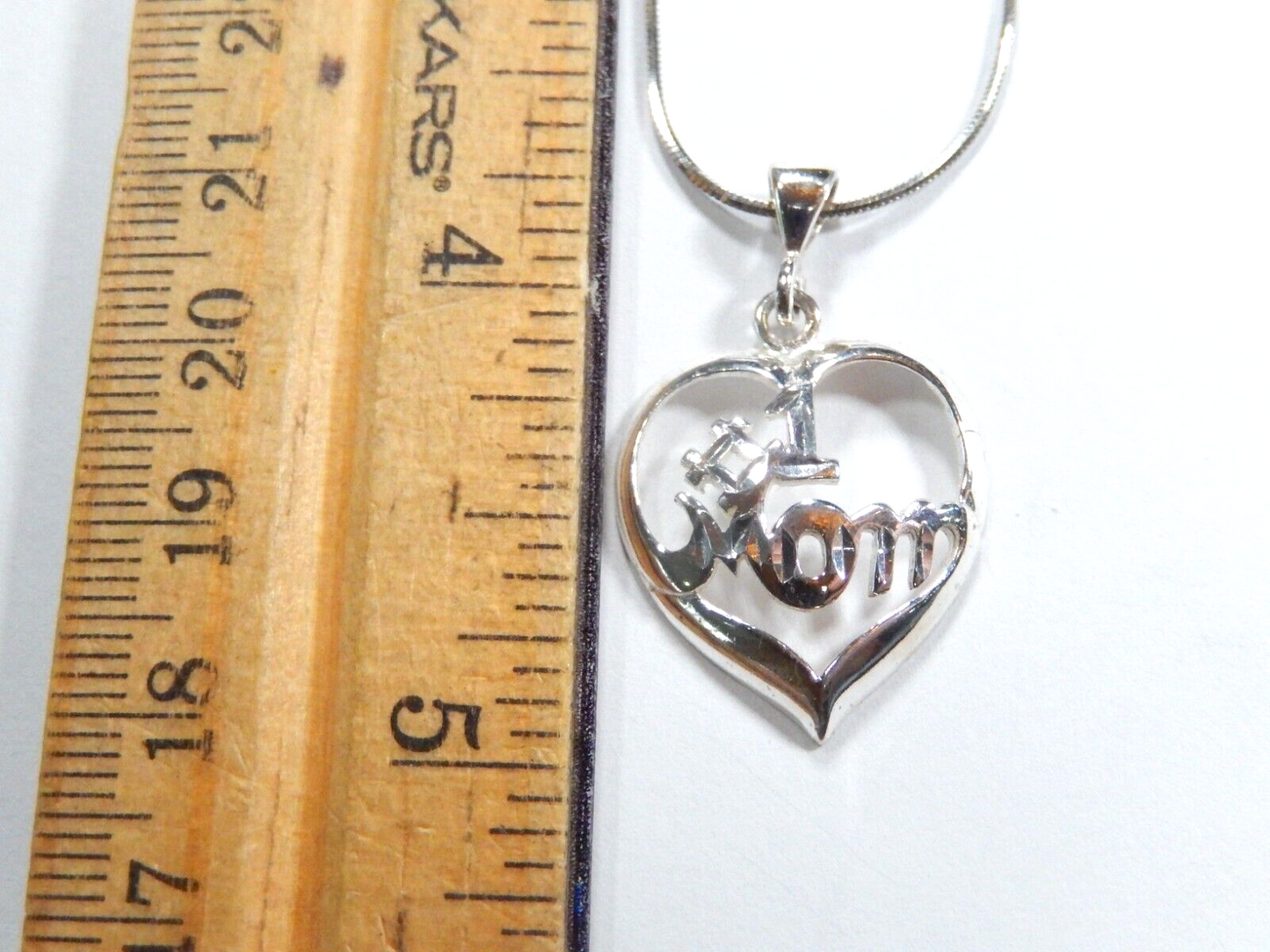 Sterling Silver #1 Mom Heart Pendant w/ 18" Sterling Snake Chain
