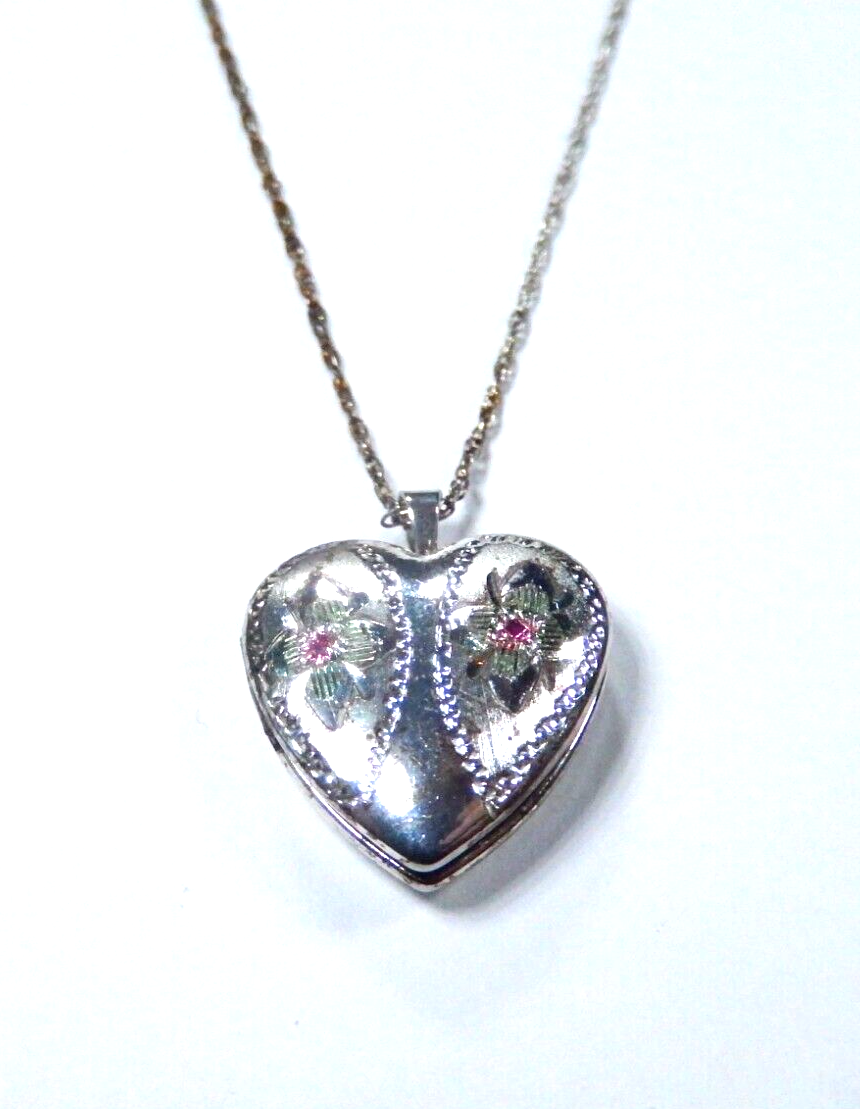 *VINTAGE*  Sterling Silver 925 Etched Heart Locket Pendant w/18" Sterling Chain