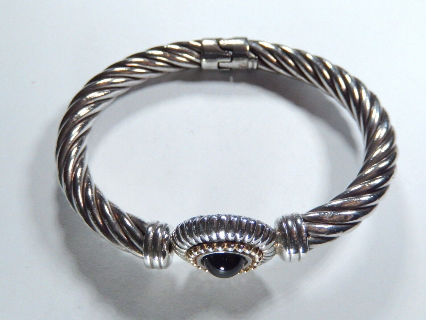 *VINTAGE*  7.5 mm Sterling Silver Hinged Black Onyx- Twisted Cable Cuff Bracelet