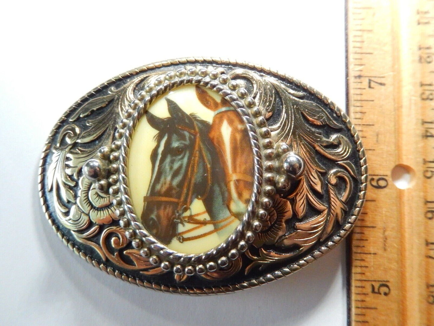 Vintage Ornate Gold Metal Belt Buckle w/ Horse Head Oval Porcelain Cameo Style