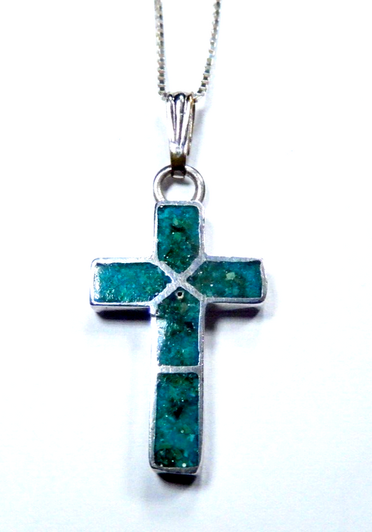 Vintage Native American Sterling Silver Turquoise Cross Pendant with 18" Chain