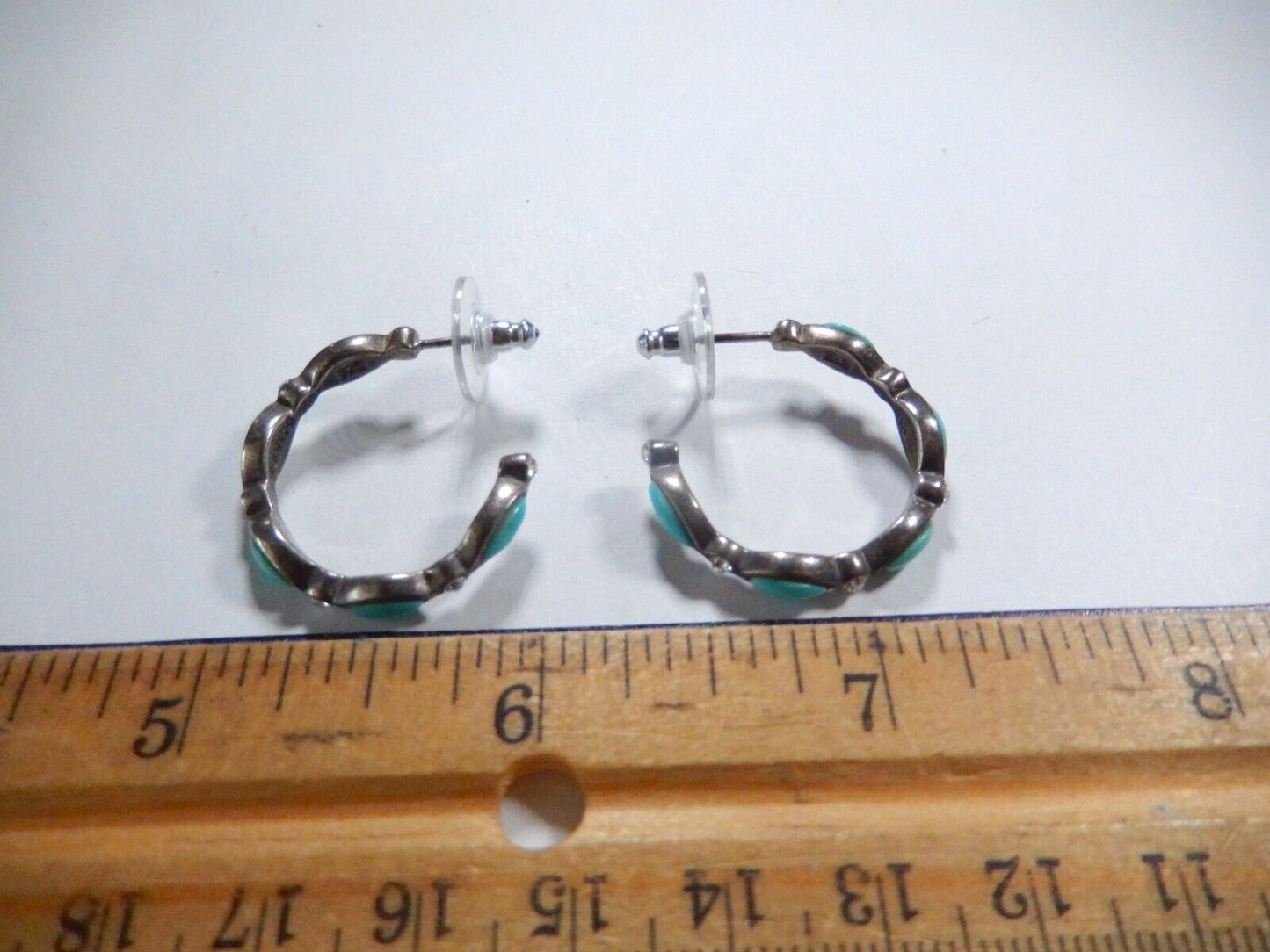 *VINTAGE*  BARSE Sterling Silver w/Turquoise & CZ Hoop Pierced Earrings