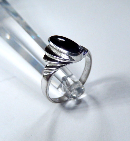 *VINTAGE*  Modernist Long Oval Black Onyx Sterling Silver Ring Size 8