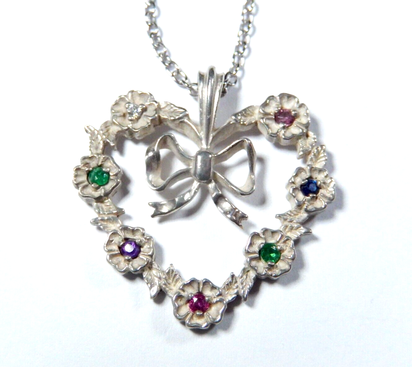 Vintage Franklin Mint 82 Sterling Silver Multi Gemstone Heart Pendant w18chain