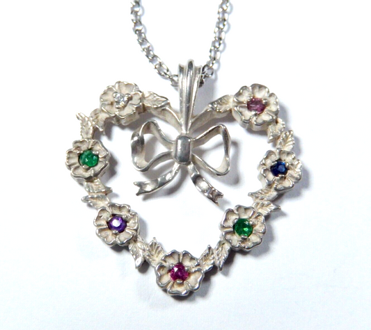 Vintage Franklin Mint 82 Sterling Silver Multi Gemstone Heart Pendant w18chain