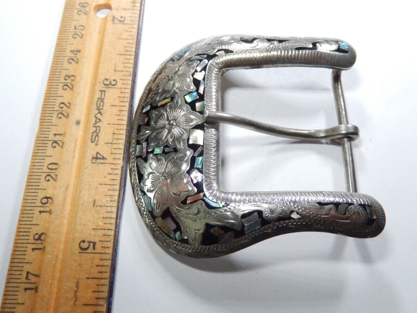 VINTAGE- ALPACA MEXICO SILVER ABALONE / MOTHER OF PEARL INLAY BELT BUCKLE 1-1/2"