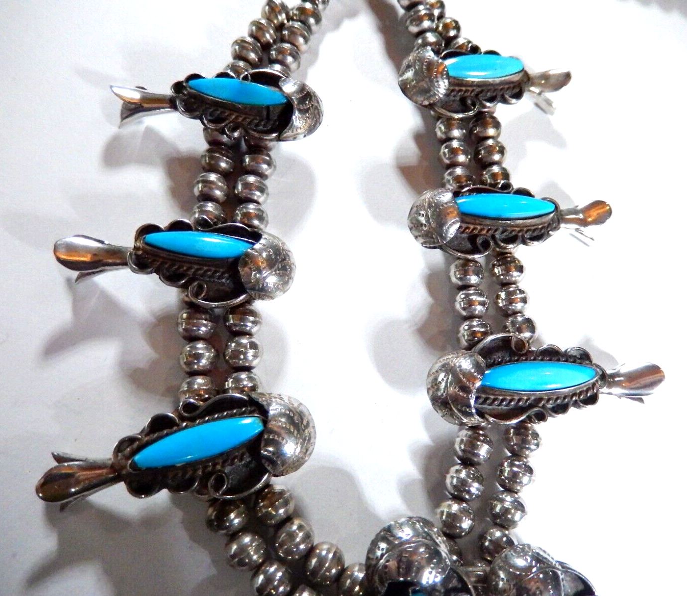 VINTAGE  Native American Turquoise Squash Blossom Necklace Sterling Silver 18