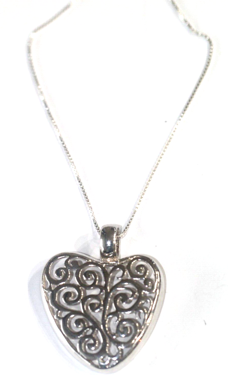 *VINTAGE* LARGE Sterling Silver Scroll Openwork Large Heart Pendant w/18" Chain