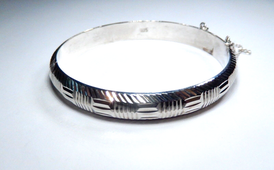 VINTAGE - Sterling Silver Hinged Bangle Bracelet with Clasp & Chain ~ 11.8 grams