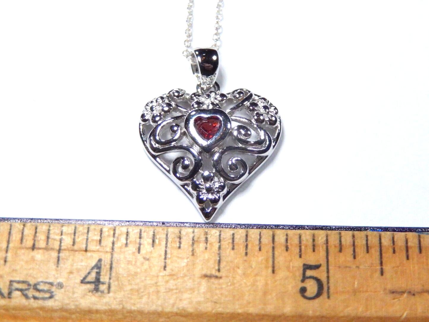 Ross Simons Sterling Silver Filigree Red Garnet Heart Pendant w/18" Ster. Chain