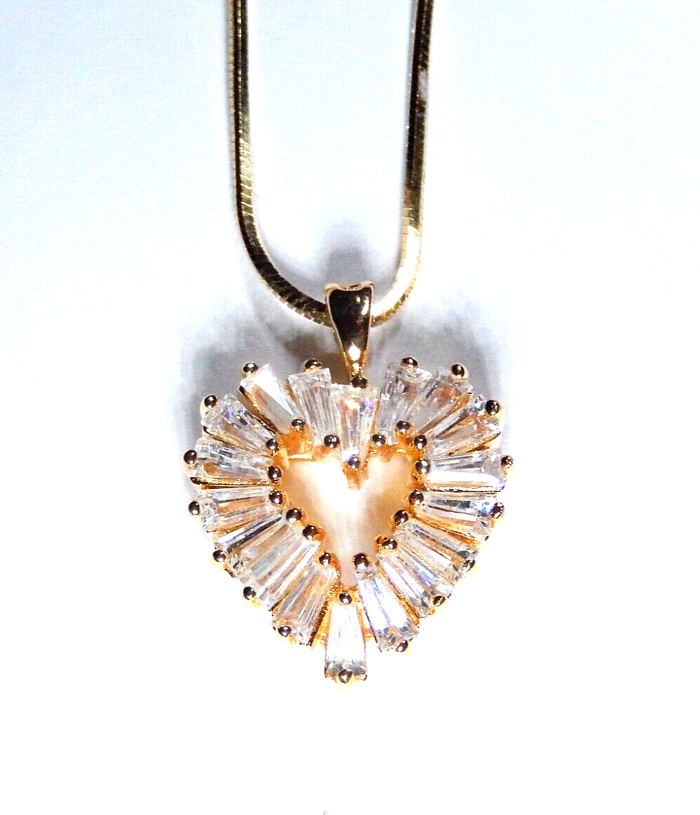 925 Gold Vermeil 200 CT Tapered CZ Baguette Heart Pendant Necklace w18 Chain