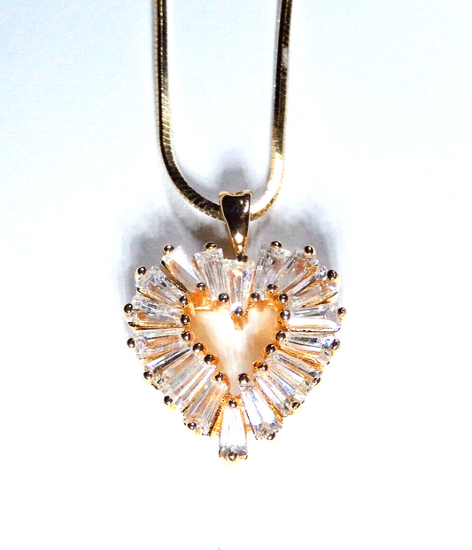925 Gold Vermeil 200 CT Tapered CZ Baguette Heart Pendant Necklace w18 Chain