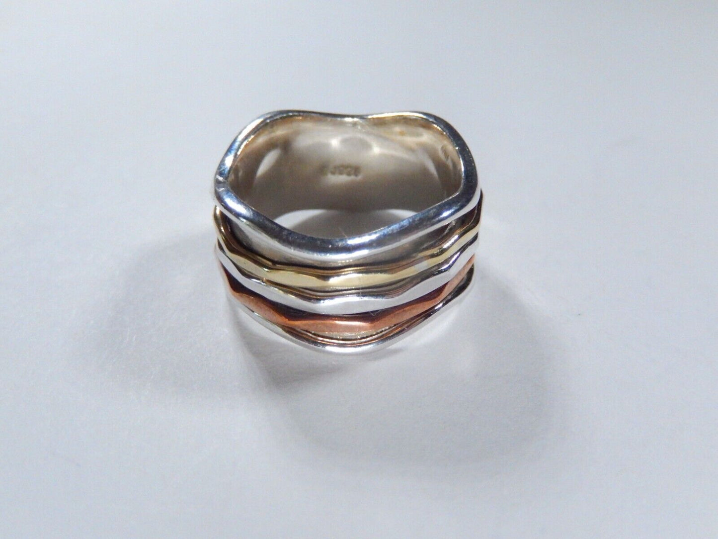 Sterling Silver Spinner Ring w/ Brass Copper & Sterling Silver Bands Sz 7.5