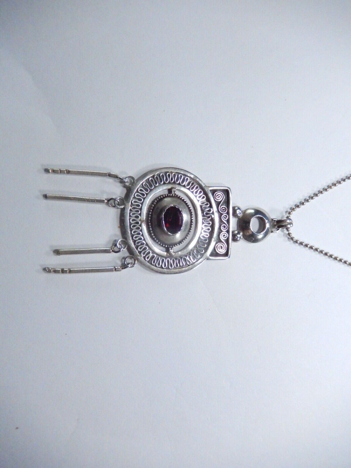 *VINTAGE* Sterling Silver Boho Art Deco 90s Garnet Pendant w/Bead-Ball 24"Chain