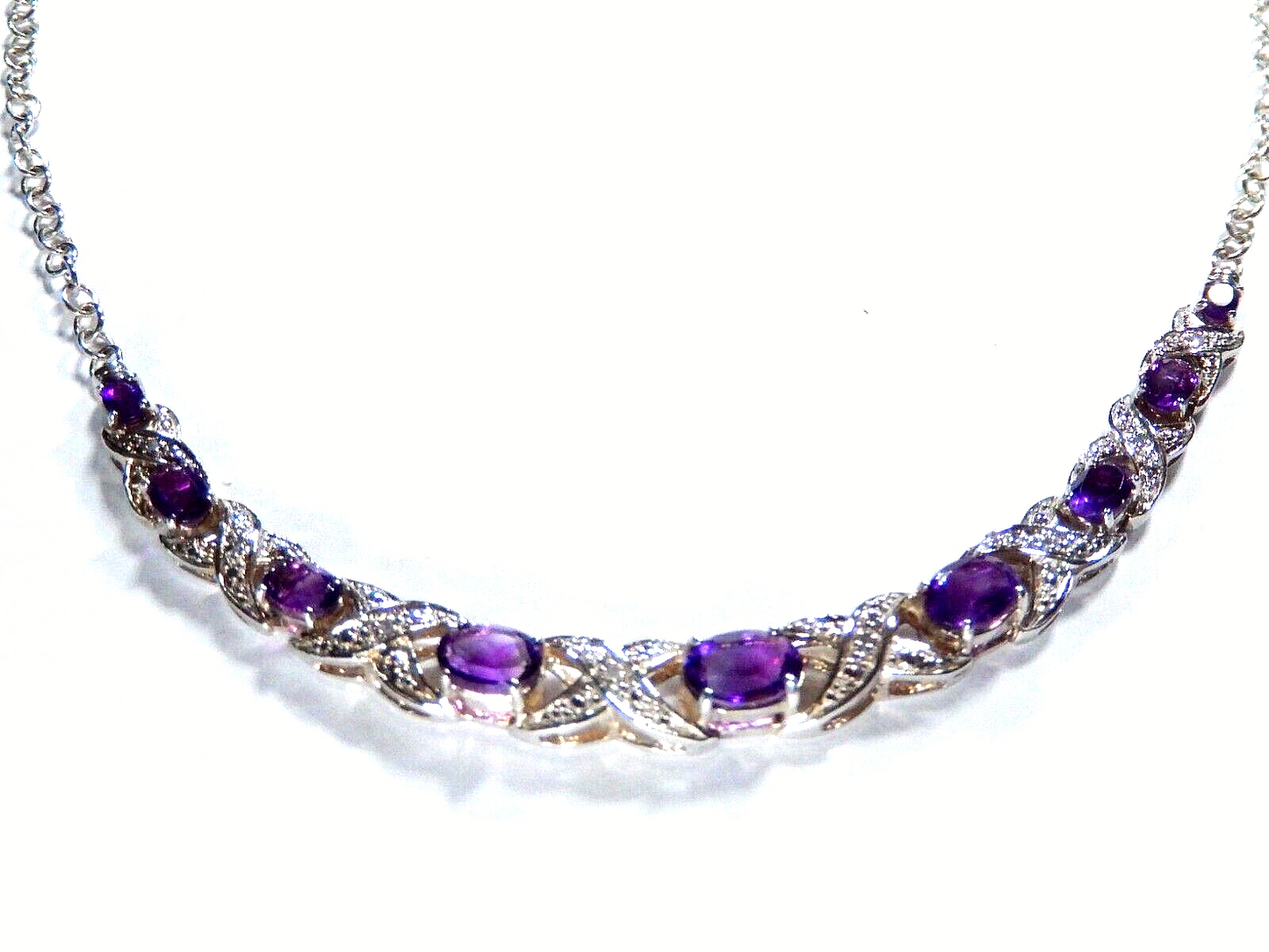 VINTAGE - Sterling Silver Amethyst and Diamond Statement Necklace 15" - 18"