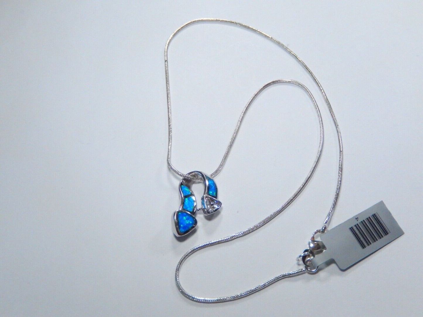 Blue Inlay Fire Opal & CZ Sterling Silver Pendant W /16" Smooth Snake Chain