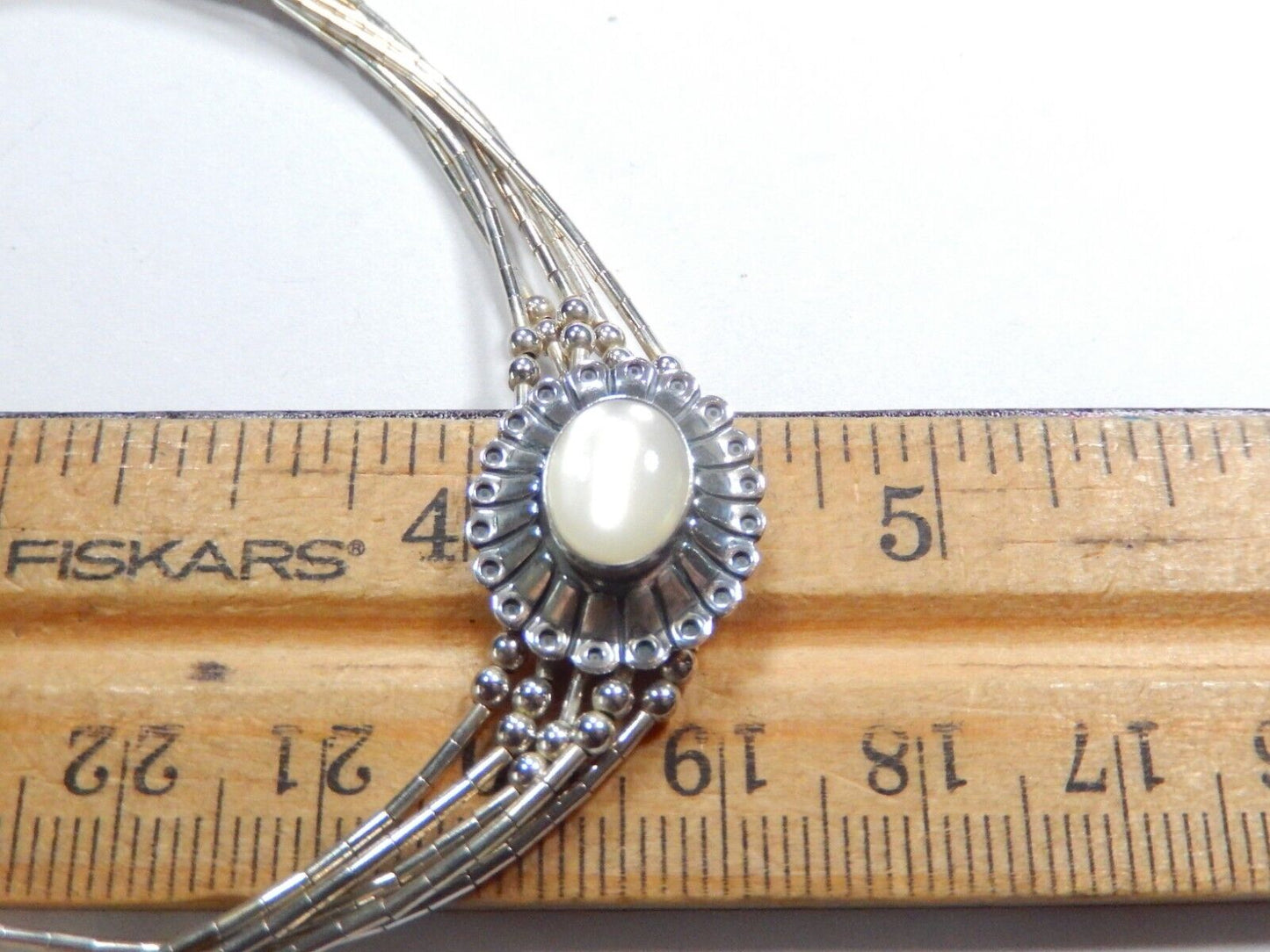 VTG Native American Liquid Sterling Silver Moonstone Bead 65Strand Bracelet 7-8"