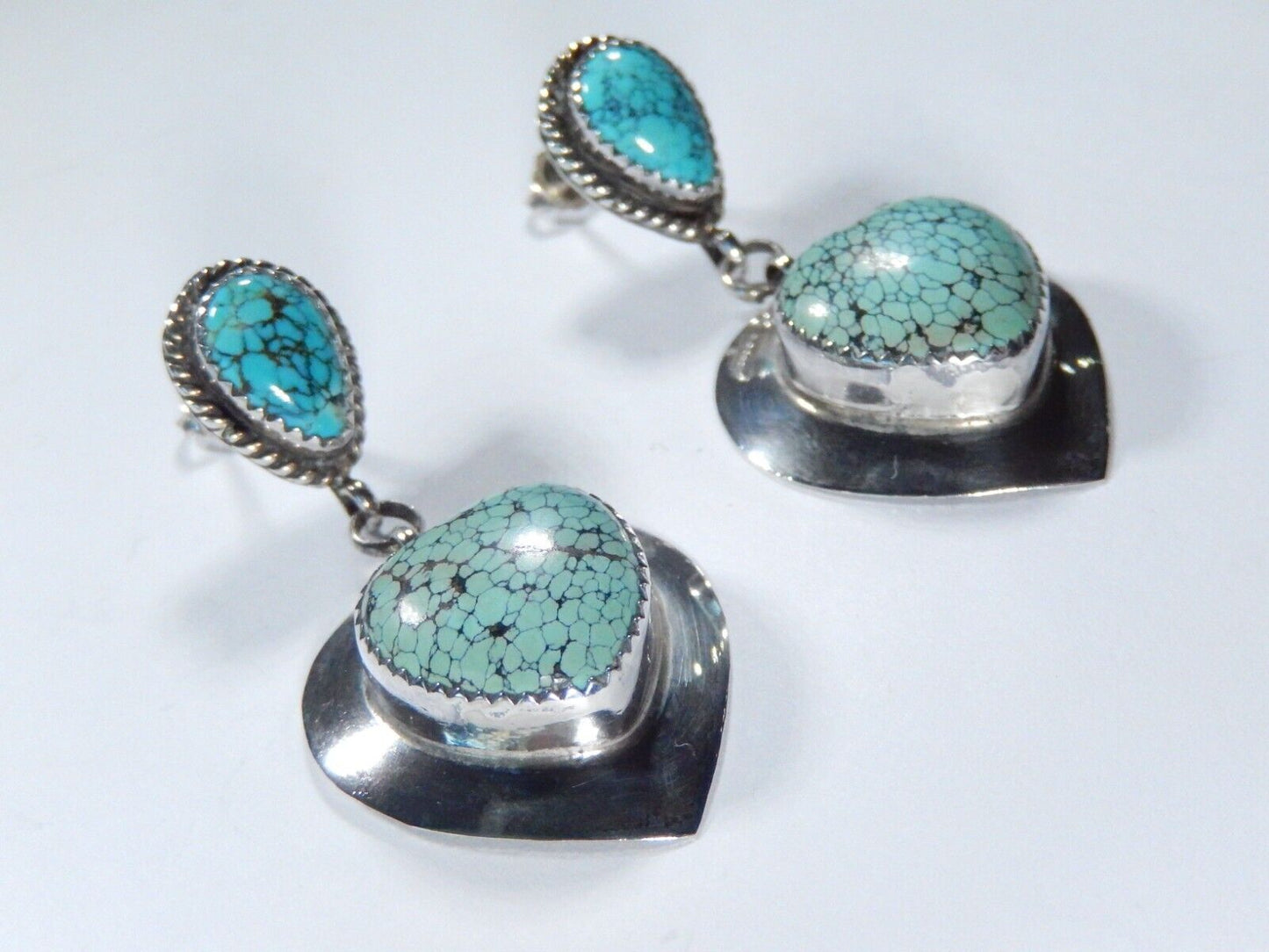 *VINTAGE*  LG Southwest Sterling Silver Turquoise Heart Dangle Earrings 2" Long