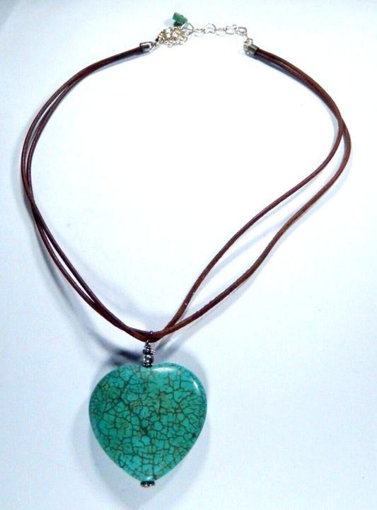 *VINTAGE*  Sterling Silver & LG Turquoise Heart Pendant On Leather Cord Necklace