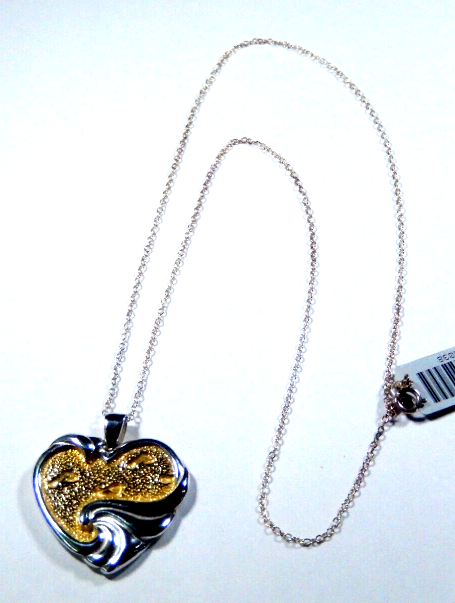 Gorham Sterling Silver  Gold Overlay Heart Pendant Footprints In The Sand w18