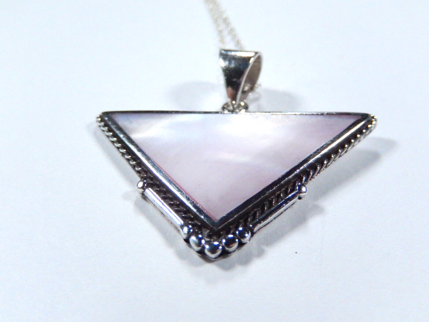 VINTAGE  Sterling Silver  Mother Of Pearl Triangle Pendant w/ 18" Sterling Chain